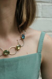 Collier, aigue-marine, topaz bleu, prasiolite, quartz fumé, argent, Margoni