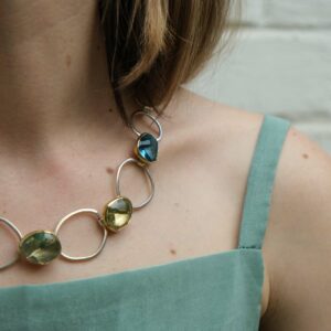 Collier, aigue-marine, topaz bleu, prasiolite, quartz fumé, argent, Margoni