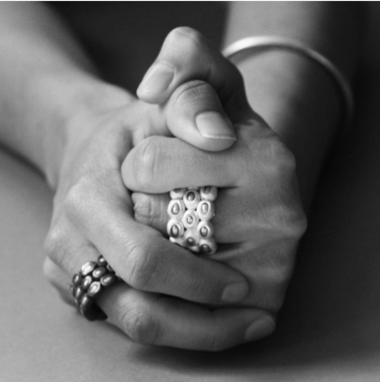 Ambroise Degenève, ring : silver, oxidized silver, copper, pearl Fossilized pearls