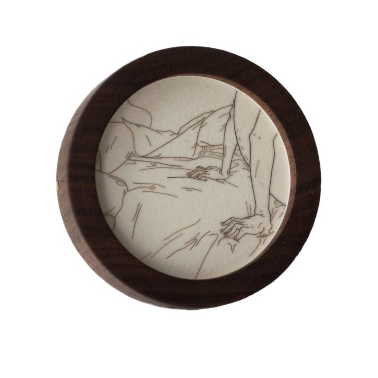 Curtain, Melanie Bilenker, brooch, hair on paper, wood, gold