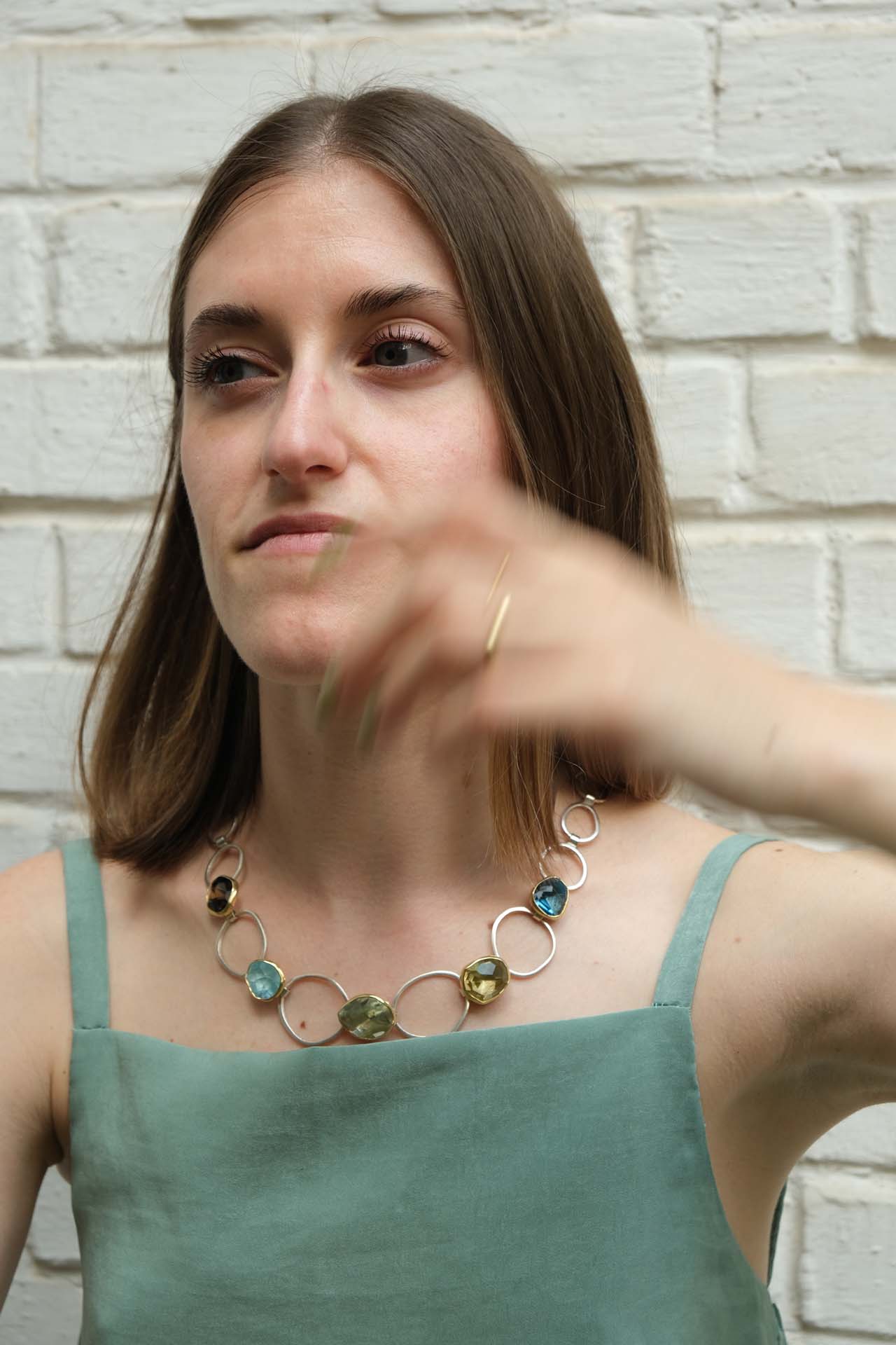 Collier, aigue-marine, topaz bleu, prasiolite, quartz fumé, argent, Margoni